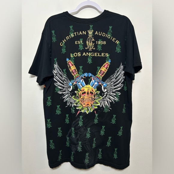 Christian Audigier Los Angeles Spiderweb Skulls Swords Wings Jeweled T Shirt - Picture 6 of 12